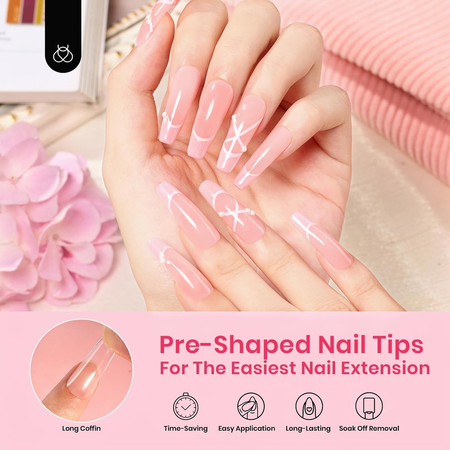 Beetles Gel Nail Tips Long Coffin Pre-Etched Nail Tips, 12 Sizes 288Pcs Pre Shaped Soft Gel Clear Nail Full Cover False Nail Tips Acrylic Glue on Nails Extension Fake Nails Manicure Gifts for Women
