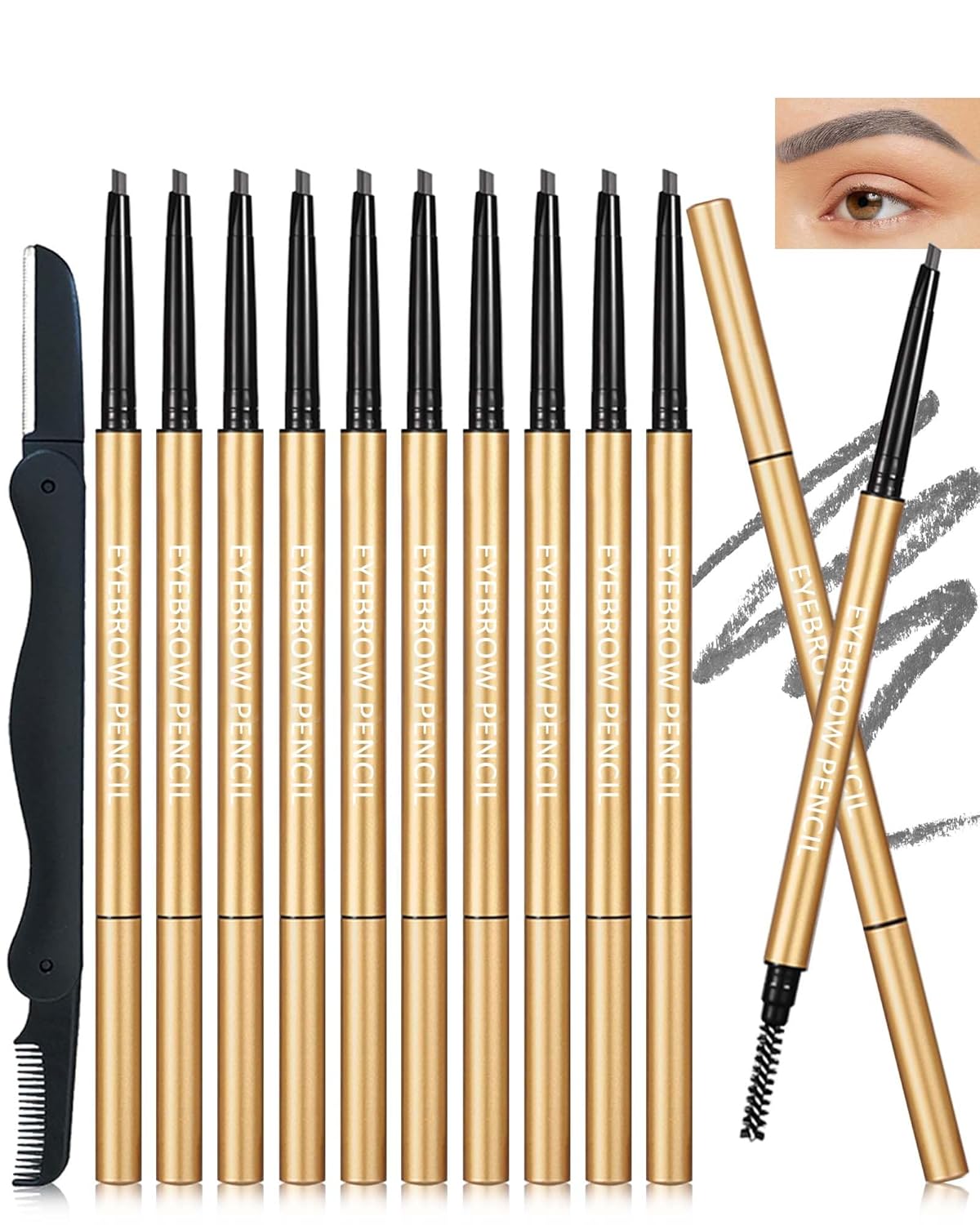 Eyebrow Pencil, 12Pcs Grey Ultra-Fine Retractable Eye Brow Pencil,Long-Lasting Waterproof Eyebrow Tint Pen Kit for Define Shape and Fill Brow,Thanksgiving Eye Makeup Gift Set for Women Girl-04 Gray