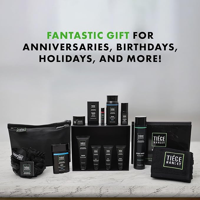Tiege Hanley Mens Skin Care Gift Box Set, Platinum - Men's Skincare Set Includes Face Wash, AM & PM Moisturizer, Scrub, Eye Cream, Clay Mask, Retinol Stick, Body Wash, Deodorant, Lip Balm