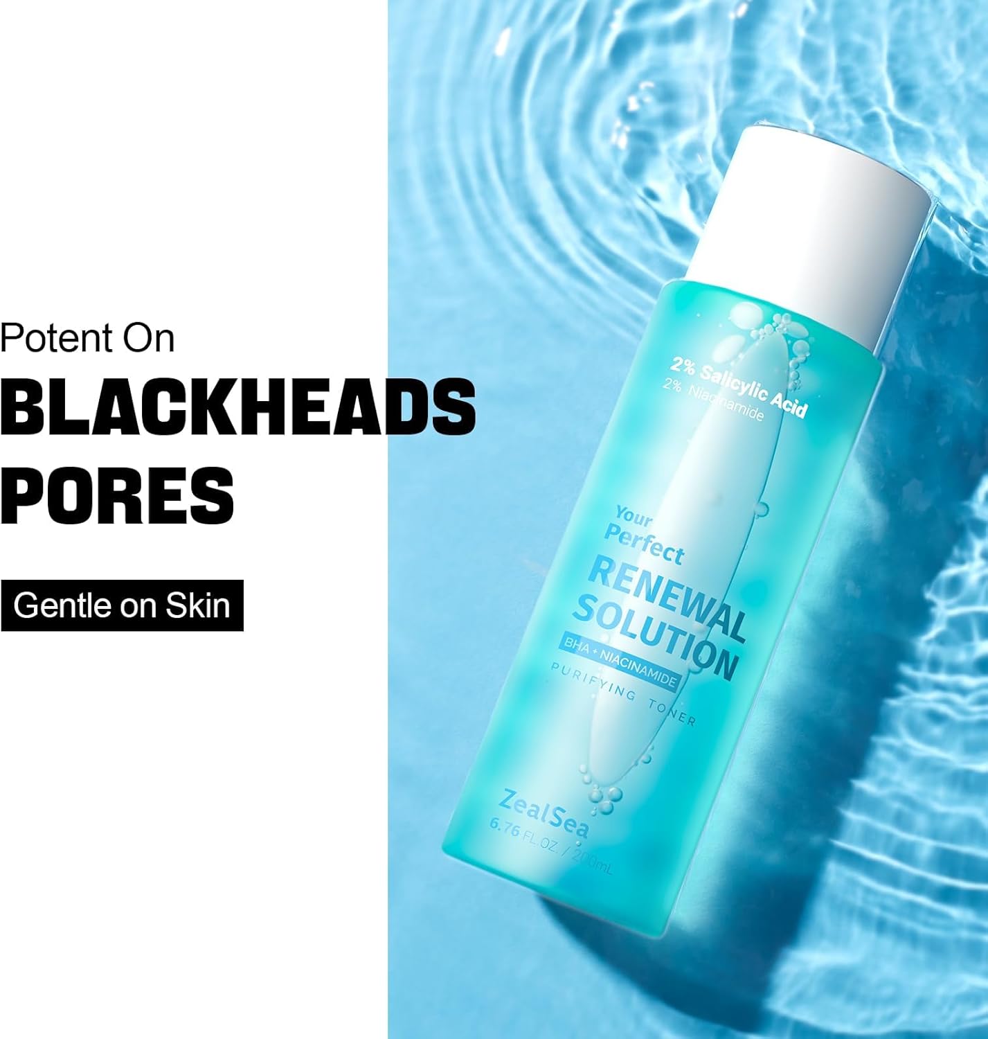 ZealSea 2% Salicylic Acid Toner for Face with 2% Niacinamide - BHA Liquid Exfoliant for Blackheads and Enlarged Pores, Exfoliate for Face to Soothe Breakouts, Exfoliating Toner, 6.76 Fl Oz, Pack of 2