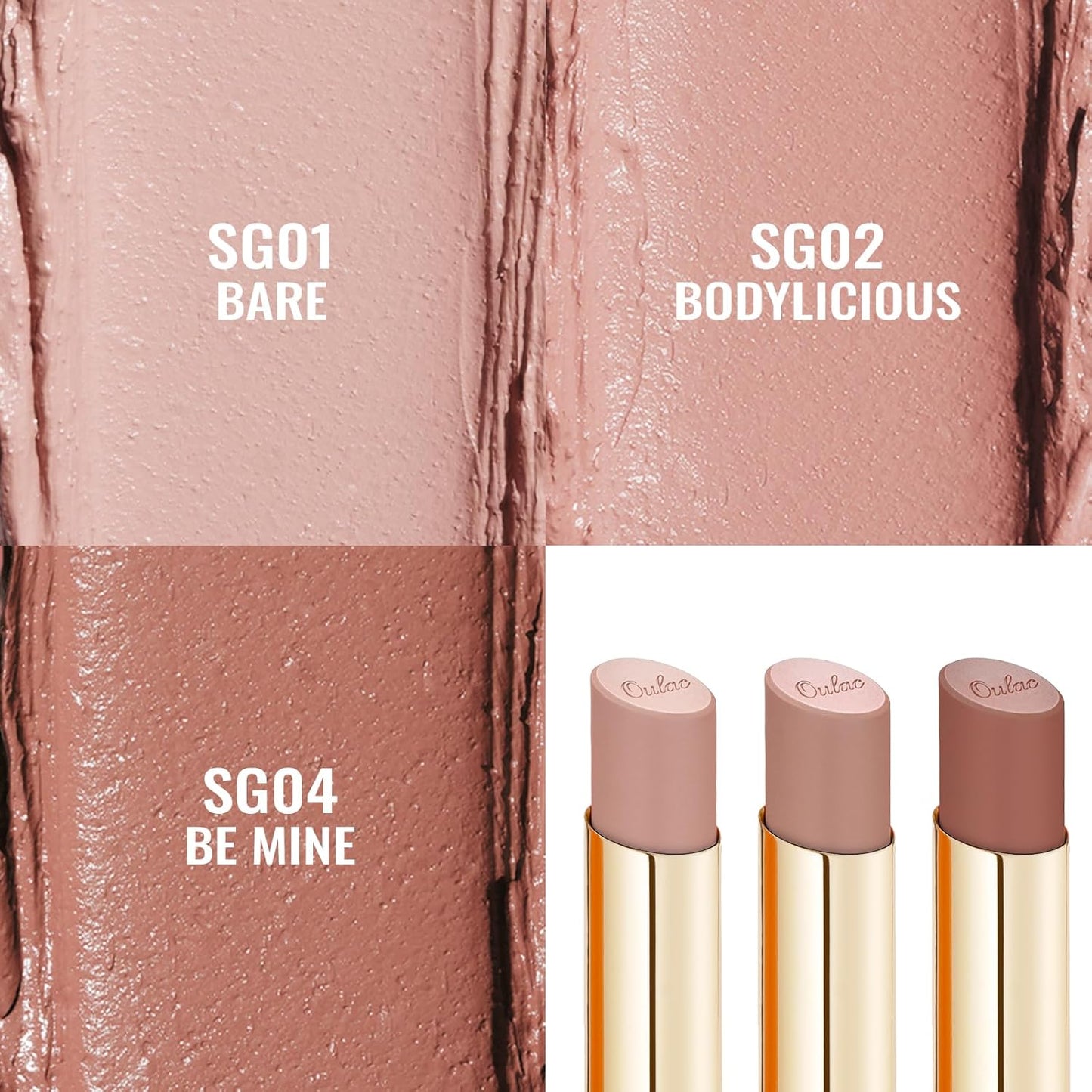Oulac Beige Nude Satin Lipstick Set - Matte Lip Base, Full Coverage Lip Color, Satin Matte Finish, Cream Texture, Hydrating, Infused with Hyaluronic Acid, 4g*3 SG01+SG02+SG04