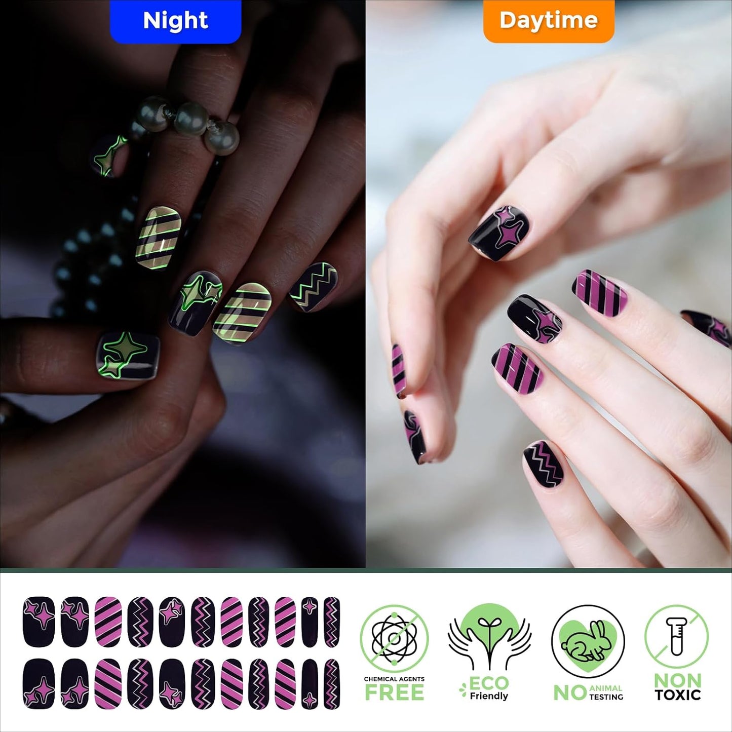 Gloss Nail Strips|Uv Free|22 Pcs,Gel Nail Stickers|Long Lasting Two Weeks and Easy to Apply&Remove|Black Purple Pop