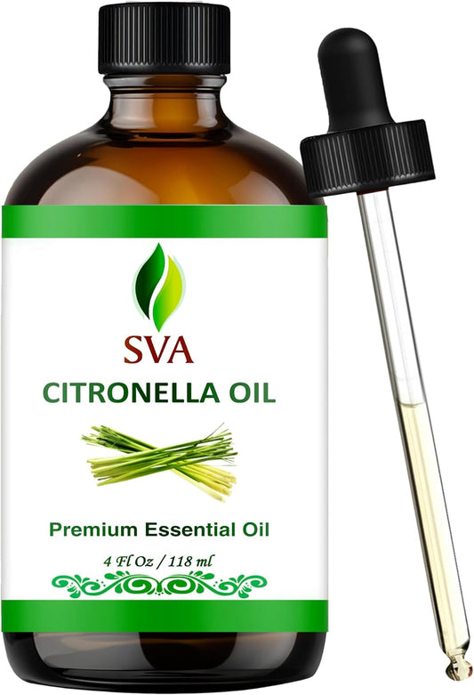 SVA Citronella Essential Oil – 4 Fl Oz – 100% Natural Citronella Oil - for Diffuser, Hair Care, Face, Skin Care, Aromatherapy, Scalp and Body Massage, Soap and Candle Making - with Dropper