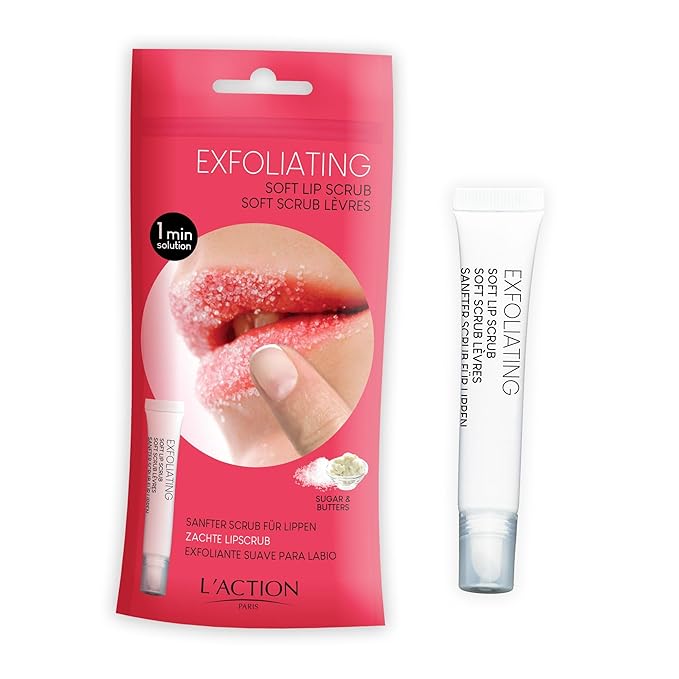 L'Action Paris Exfoliating Soft Lip Scrub, Smooth and Plumped Lips, Sugar Crystals for Gentle Exfoliation, Slanted Applicator, Soothing Shea and Mango Butter Formula 12ml
