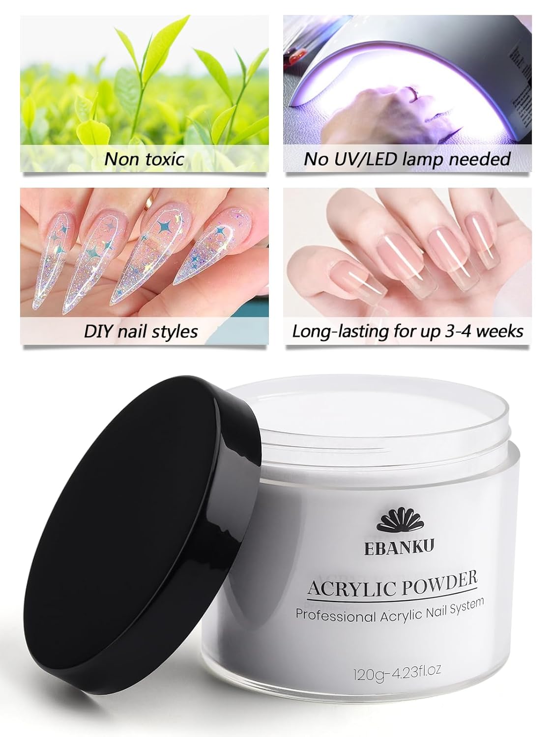 EBANKU Clear Acrylic Powder, 120g/4.23oz - Professional Nail Powder for Extension, Carving, Long-Lasting, No Lamp Needed