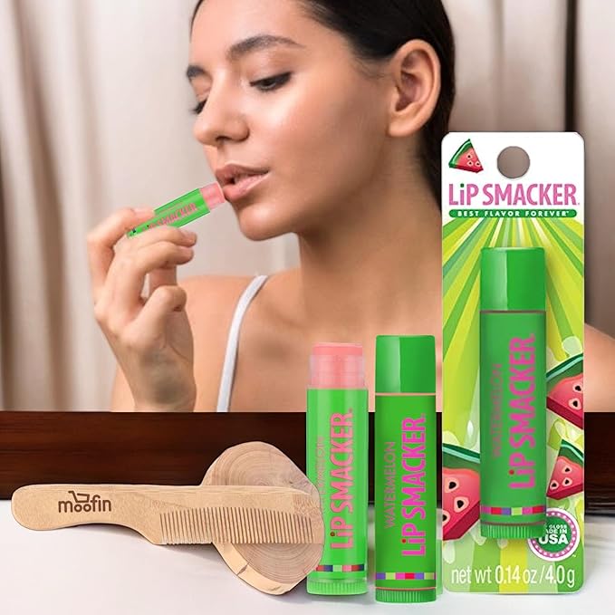 Lip Smacker Water melon Flavored Balm, Glossy Balm for Soft, Shiny s, gloss Hydrating Clear Shine, Built in USA, Bundle with Moofin Wooden Comb, skin care [Pack of 2]