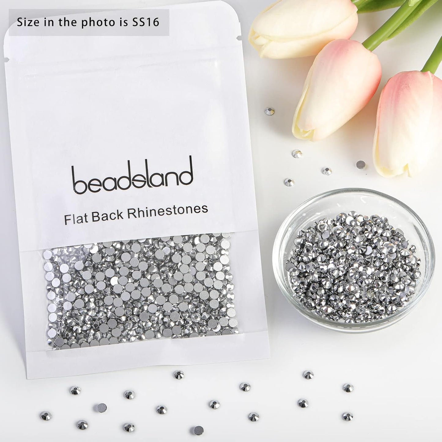 Beadsland Flat Back Crystal Rhinestones Round Gems for Nail Art and Craft Glue Fix,Silver Hematite (3.8-4.0mm) SS16/1440pcs