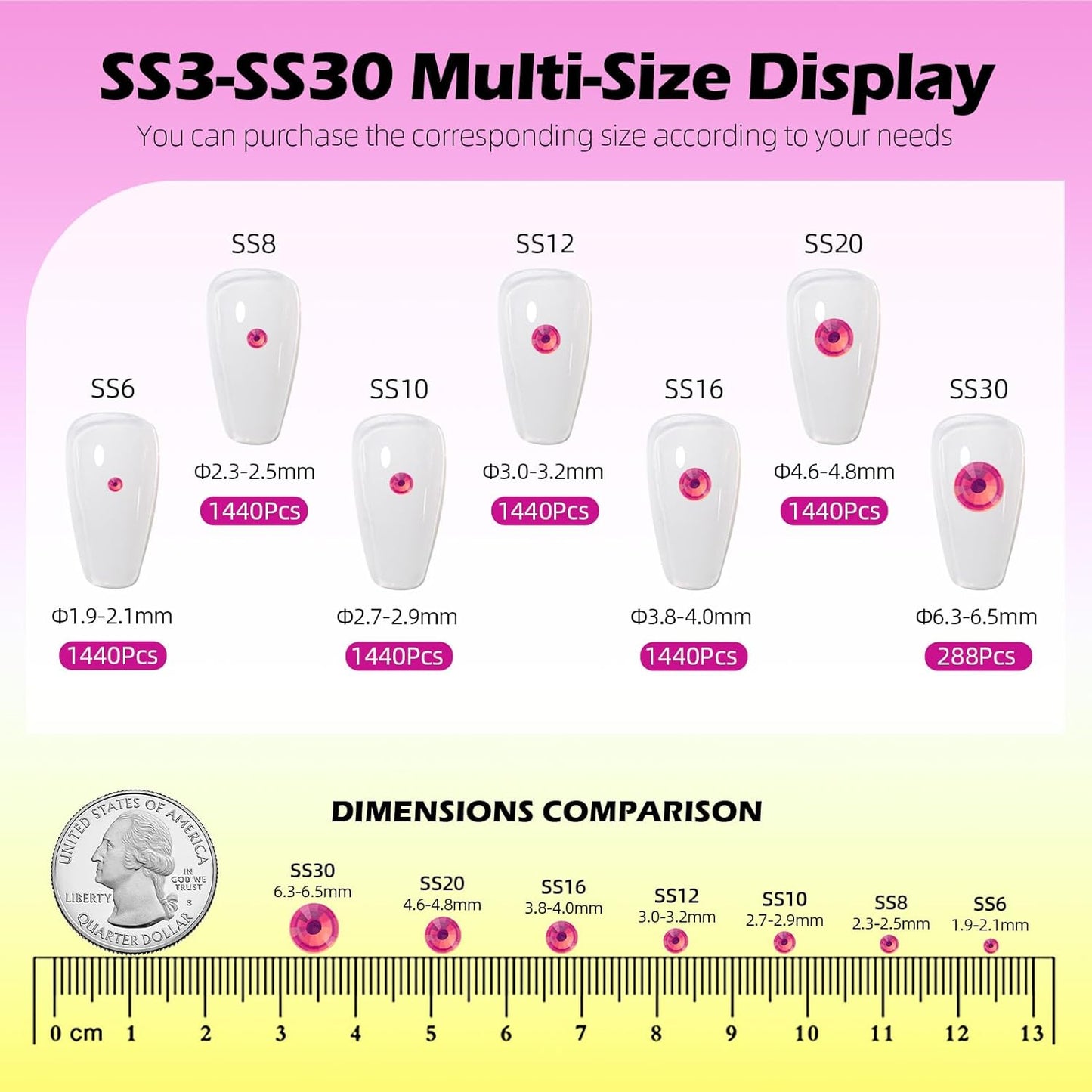 F Rose Flatback Rhinestones, Glass Rhinestones for Nail Art and Craft, Glue Fix, Loose Crystal Gemstones(F Rose, SS10, 1440pcs, 2.7-2.8mm)