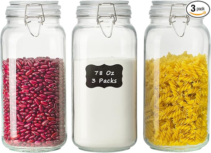 78oz Glass Food Storage Jars with Airtight Clamp Lids, 3 PCS Food Storage Canister for Kitchen & Pantry Organization, Square Mason Jar Containers for Storing Sugar, Flour, Cereal,Coffee,Cookies