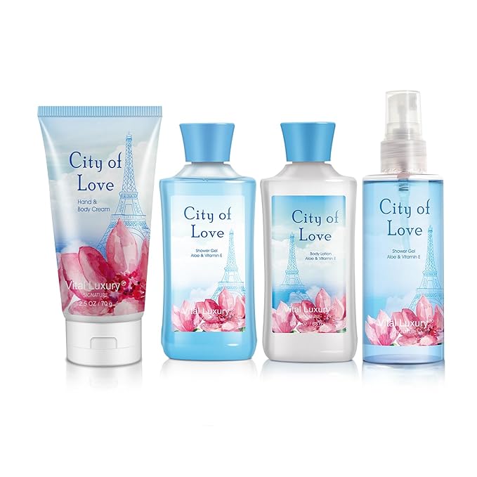 Bath & Body Kit - Body Lotion, Shower Gel, Body Cream, and Fragrance Mist, 3 Fl Oz each, in City of Love, Ideal Skincare Gift Home Spa Set for luxurious indulgence