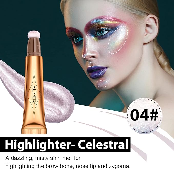 Liquid Highlighter Beauty Wand, Highlight Bronzer Stick with Cushion Applicator, Smooth Shimmer Finish, Lightweight Silky Cream Face Makeup Stick, Cruelty-free (Celestral)
