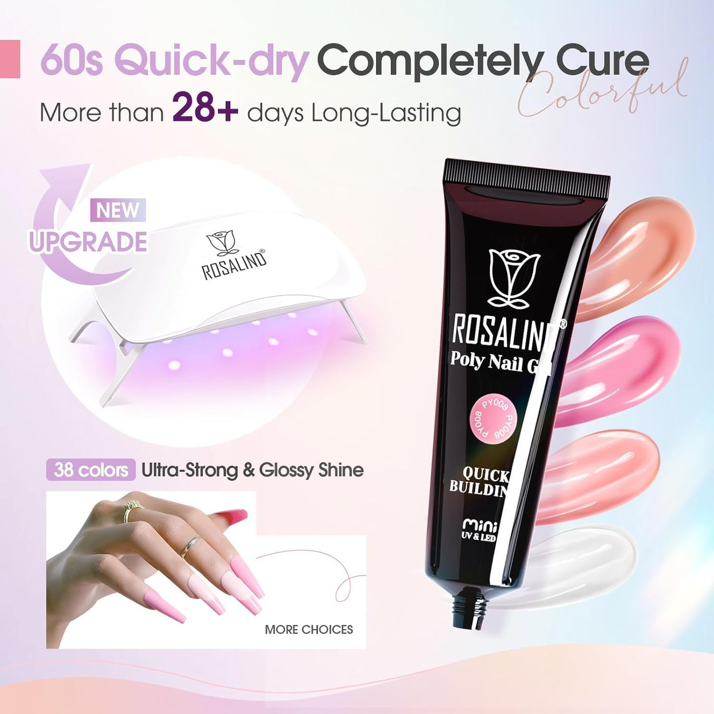 ROSALIND 38 Colors Color Poly Nail Gel Colors Kit with Mini Nail Lamp Clear Neon Poly Nail Gel Starter Kit for Beginners Halloween All Seasons Classic Colors with Everything