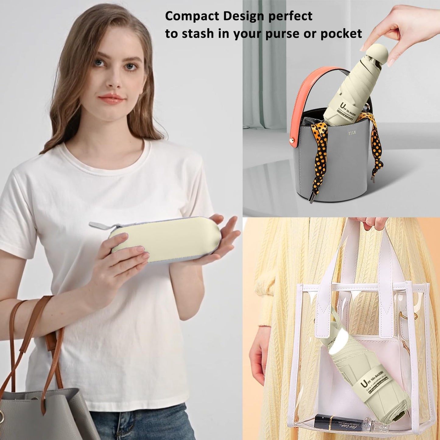 BAODINI Travel Essentials Mini Umbrella for Purse With Case Small Compact UV Sun Protection Lightweight Tiny Pocket Manual Open Close Umbrella for Women Kids and Men Fit Purse Backpack