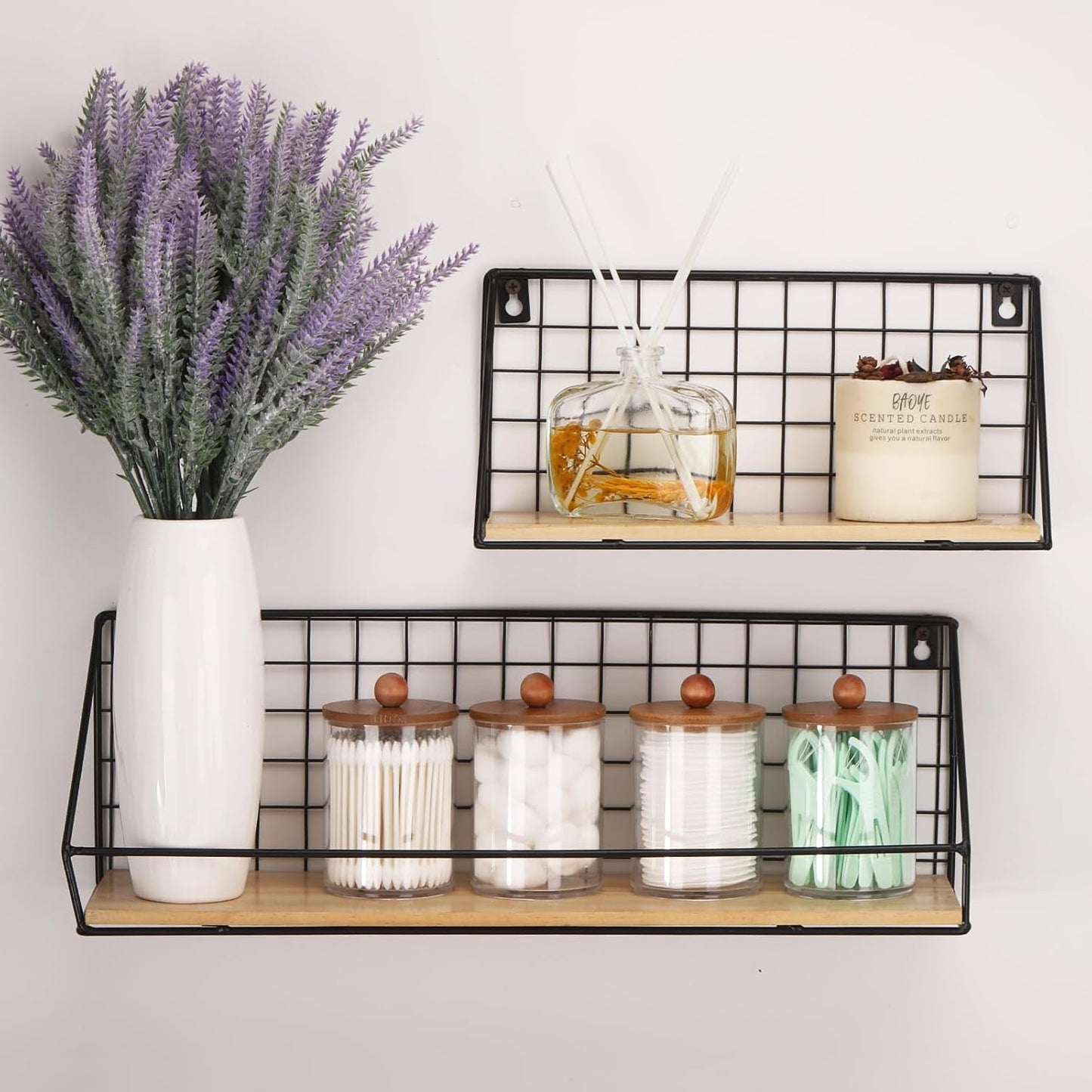 Tbestmax 4 Pack Qtip Holder Dispenser, Plastic Bathroom Organizer and Storage Containers, 10oz Apothecary Jars with Brown Bamboo Lid for Cotton Ball, Cotton Swab, Floss