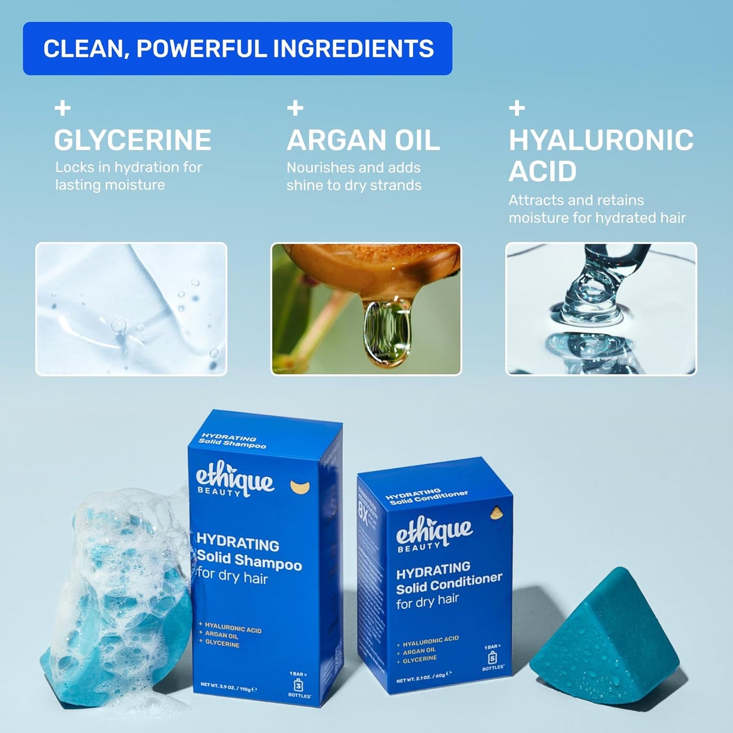 Ethique Hydrating Shampoo Bar for dry hair with Hyaluronic Acid - Plastic-Free, Cruelty-Free, Vegan, 3.88 oz