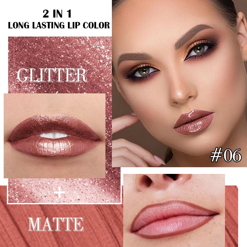 Kaely 2-in-1 Dark Bronze Metallic Lipstick and Lip Liner, Shimmer Liquid Metallic Lipsticks for Women, Glitter Lip Gloss Stain Long Lasting Waterproof Smudge Proof 24 Hour, Vegan Makeup, 06