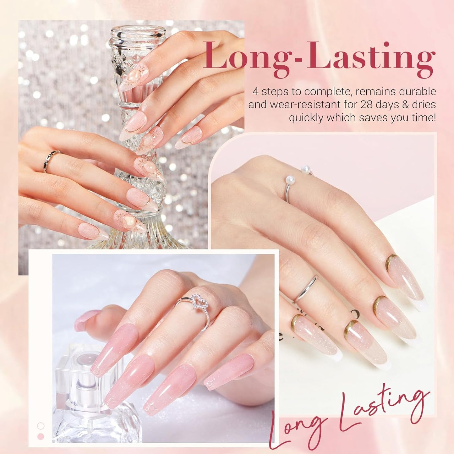 AZUREBEAUTY Jelly Dip Powder Nail Kit, Transparent Glitter Nude Pink Sheer Peach Neutral 4 Colors Dipping Powder Liquid Set with Base/Top Coat Activator for French Nail Art Manicure DIY Home Gifts