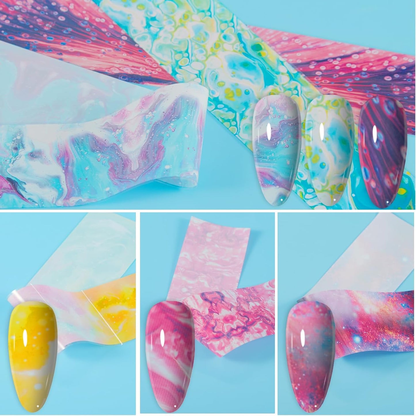 JERCLITY 300 Sheets Nail Foil Transfer Nail Art Stickers Set Nail Foil Transfer Sheets Marbling Starry Sky Leopard Print Aurora Iridescence Gradient Patterns for Women