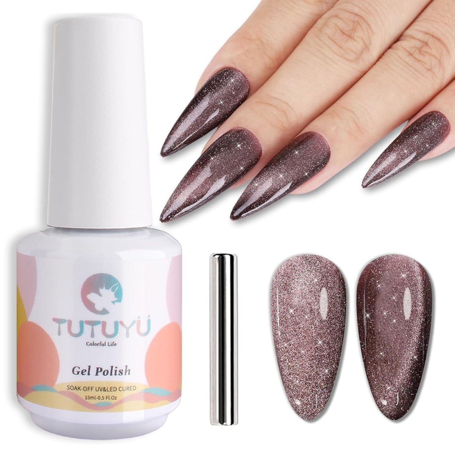 Brown Cat Eye Gel Nail Polish,Brown Reflective Holographic Shimmer Cateye Gel Polish with Magnet,Silver Shimmer Velvet Soak Off Uv Led Home Diy Manicure,Fall Winter Colors GP0104