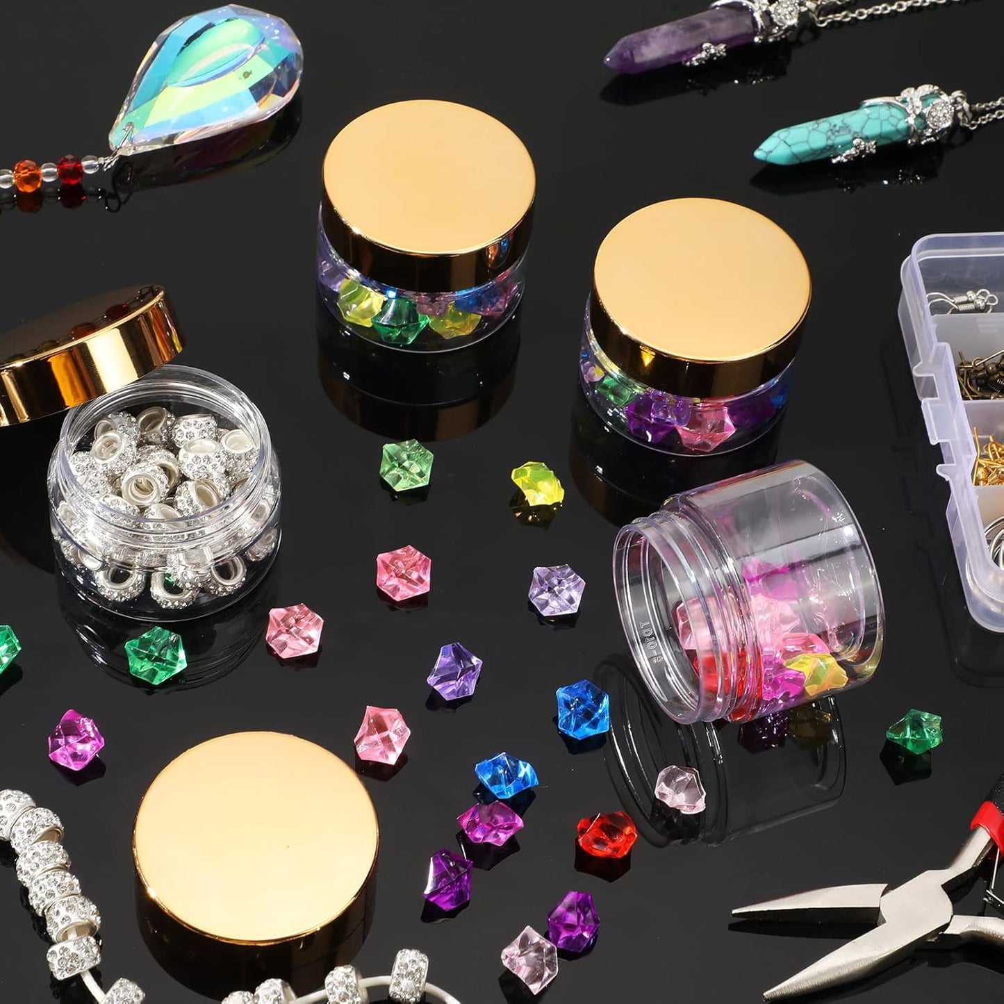 SATINIOR 100 Pcs Plastic Jars with Lids Small Containers Lids Wide Mouth Small Plastic Containers for Lotion Cream Rhinestones Body Butters Travel Storage(1 oz,Gold)