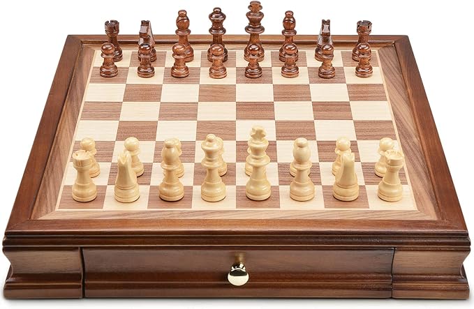AMEROUS 12.8" x 12.8" Magnetic Wooden Chess Set with 2 Built-in Storage Drawers - 2 Bonus Extra Queens - Gift Packaging - Staunton Chess Pieces, Board Games Chess Sets for Adults and Kids