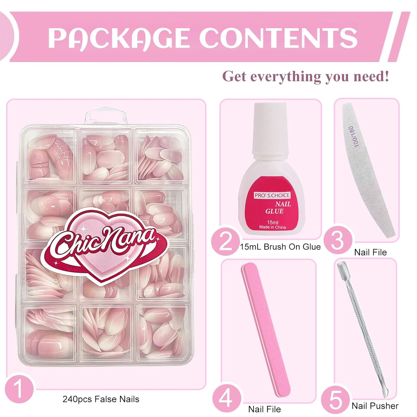 Ombre Press On Nails - 240Pcs Short Square Press on Nails, White Nail Tips Pink White Gradient Soft Gel False Nail Tips Salon Perfect Fake Nails Kit Extensions DIY (Short Square)