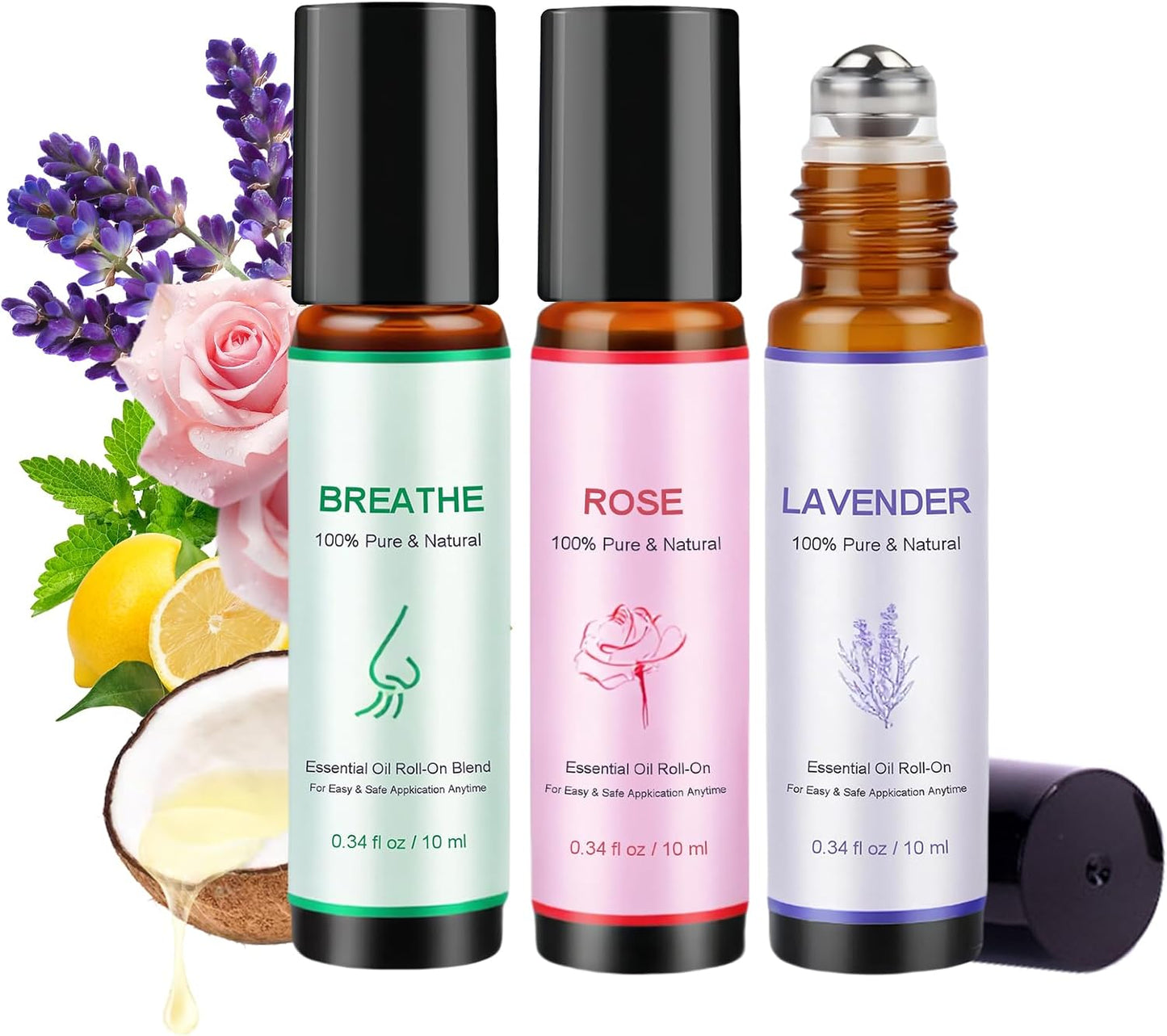 Coastacloud Essential Oils Blend Roll On Set of 3, Essential Oil Roller for Skin, Natural Aromatherapy Oils - Self Care Gifts for Women, Men, Nurse Essentials (Lavender, Breathe, Rose)
