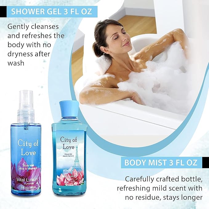 Bath & Body Kit - Body Lotion, Shower Gel, Body Cream, and Fragrance Mist, 3 Fl Oz each, in City of Love, Ideal Skincare Gift Home Spa Set for luxurious indulgence