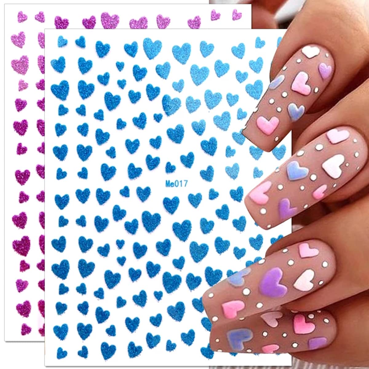 10 Sheets Heart Nail Stickers - 3D Self-Adhesive Valentine's Day Nail Art Stickers - Shiny Love Heart Nail Decals - Gold, Silver, Black