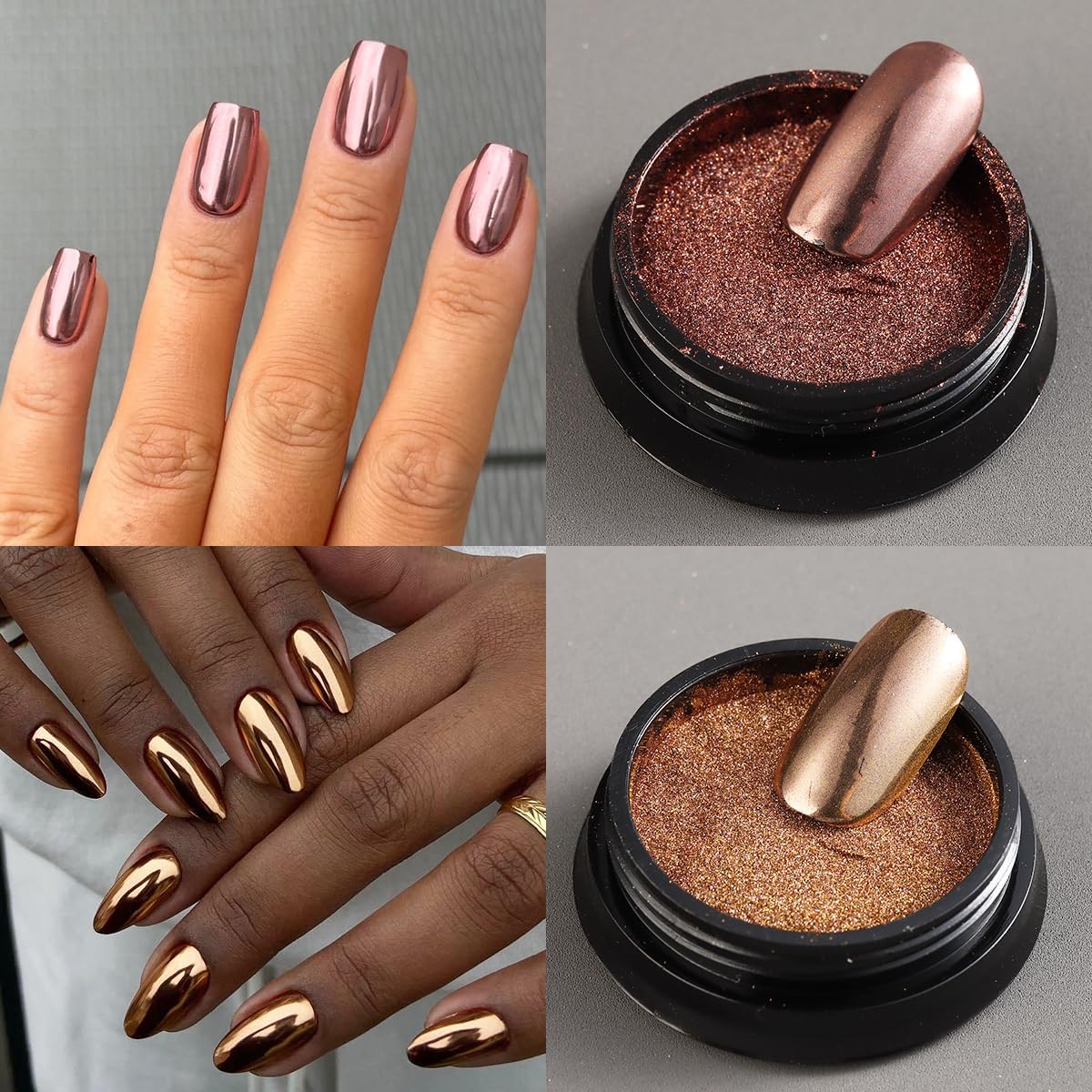 Chrome Nail Powder Set - 6 Colors Rose Gold Bronze Black Chrome Nail Powder, Mirror Effect for Nails, Metallic Rubbing Dust Chameleon Glitter Pigment Flakes, Manicure Salon Supplies