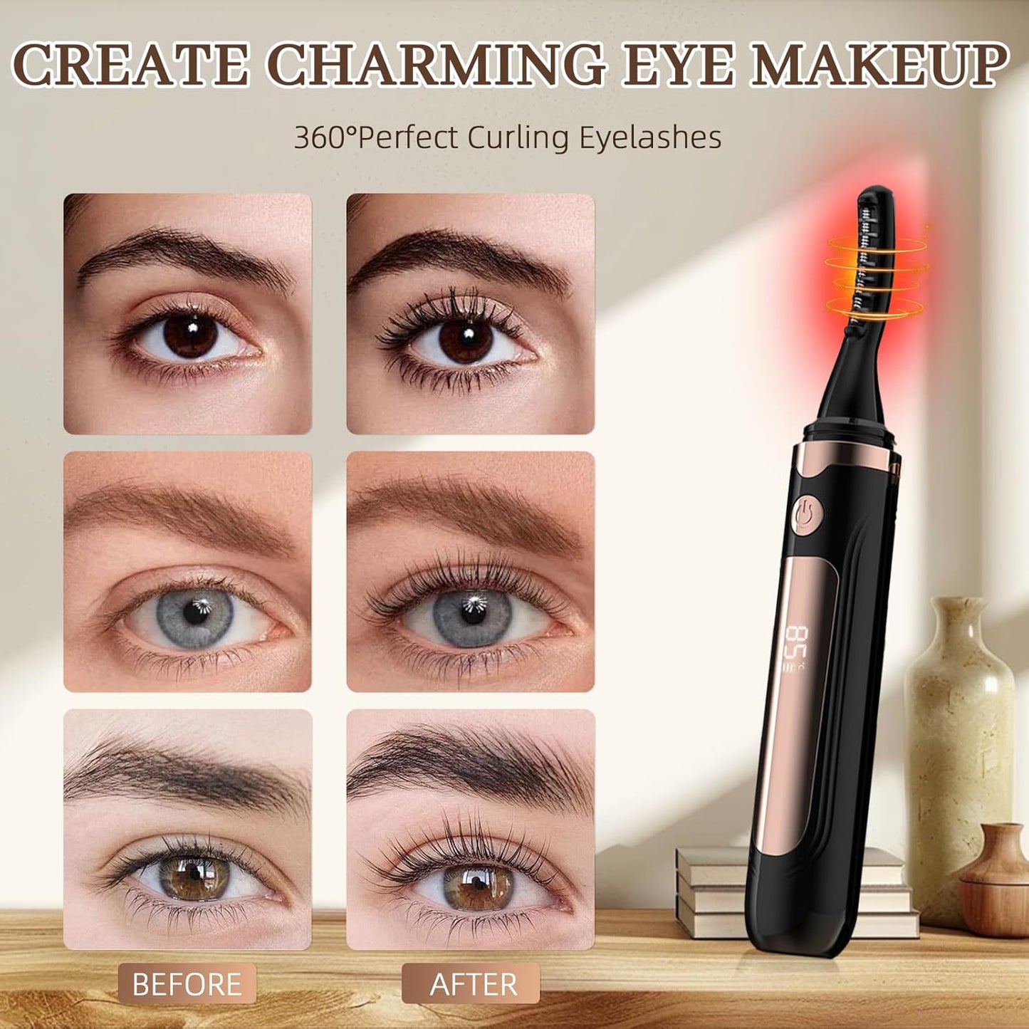 Heated Eyelash Curler-USB Rechargeable Electric Eyelash Curler- Eyelash Curlers Heated 4 Temperature Modes Fast Heat Up Within 3s - 24 Hours Long Lasting- with Led Display for Women Girls(Black)