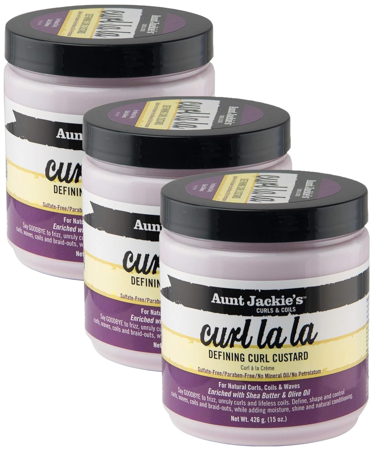 Aunt Jackie's Curl La La, Lightweight Curl Defining Custard, Enriched with Shea Butter & Olive Oil, Basic, 15 Ounce (Pack of 3)