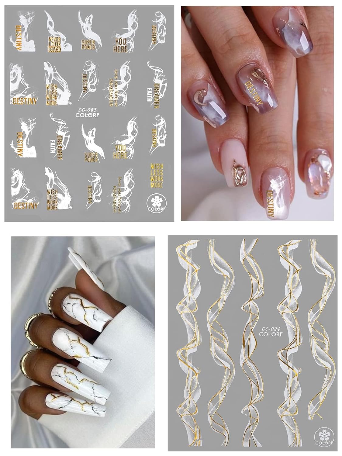 12 Sheets Nail Art Stickers Decals,TOROKOM Self-Adhesive White Black Gold Stripe Line Nail Decals Marble Wave Nail Sticker Supplies for 3D Nail Design Nail Accessories for Women French Nail Decoration