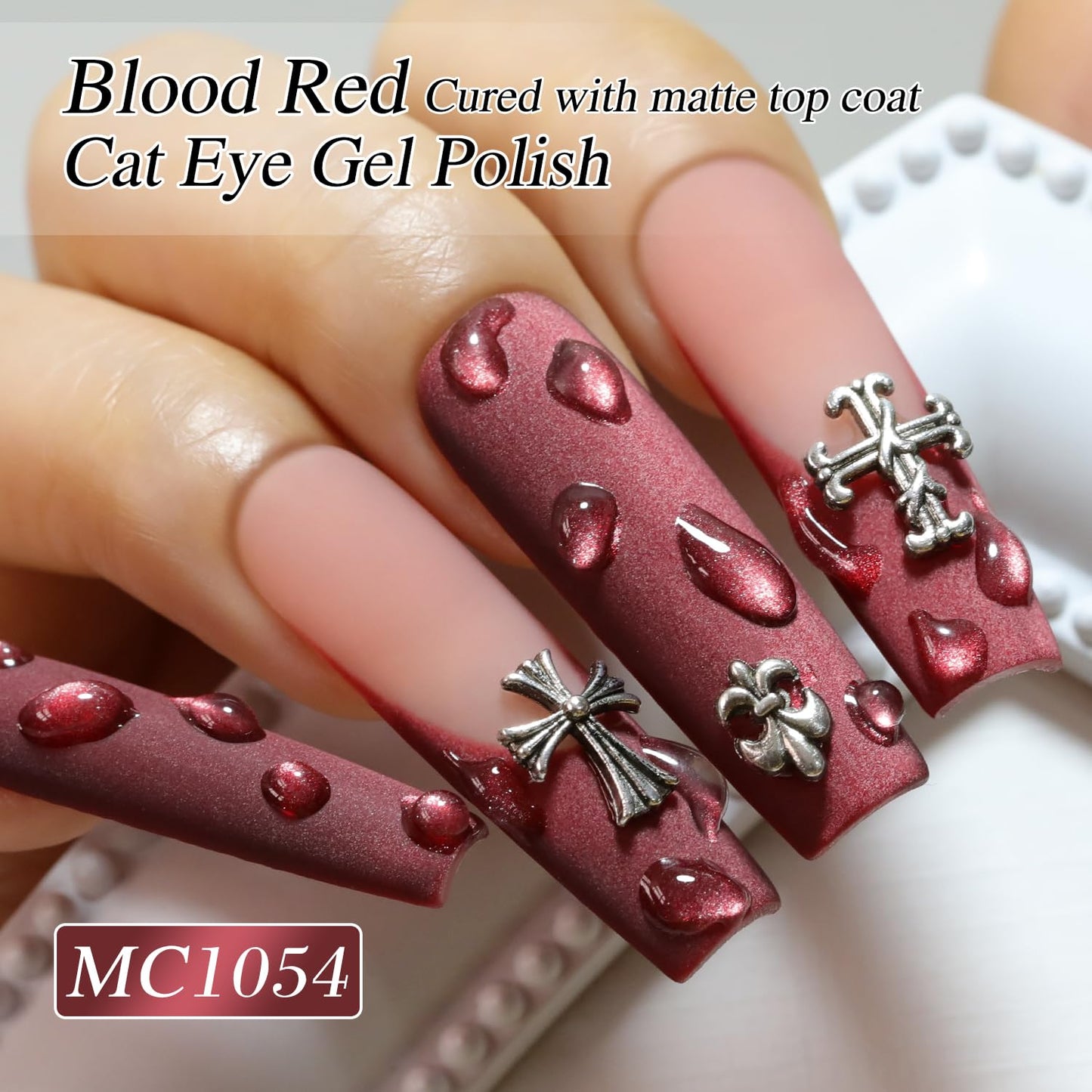 Double Rhythm Jelly Glass Cat Eye Gel Polish with Magnet 15ML Holographic Glitter Shimmer Translucent Sheer Color Magnetic Nail Polish Salon DIY at Home (Dark Red-MC1054)