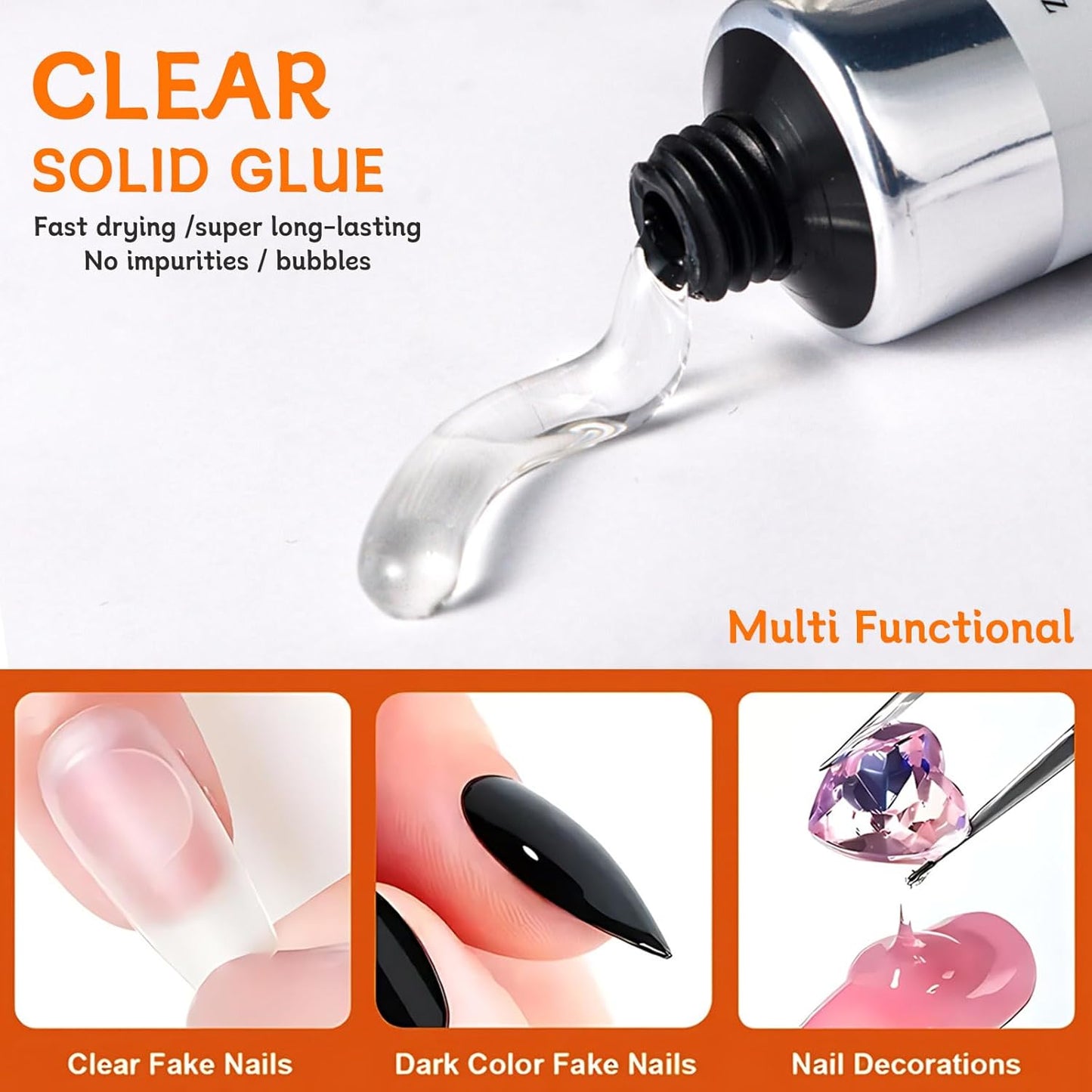 Transparent Solid Nail Glue for Press Ons, Acrylic & Fake Nails, 20g Quick-Dry Strong Adhesive Soft Gel X Nail Glue, Gel Nail Polish- Long-Lasting Beauty Nail Supplies Uv Lamp Curing