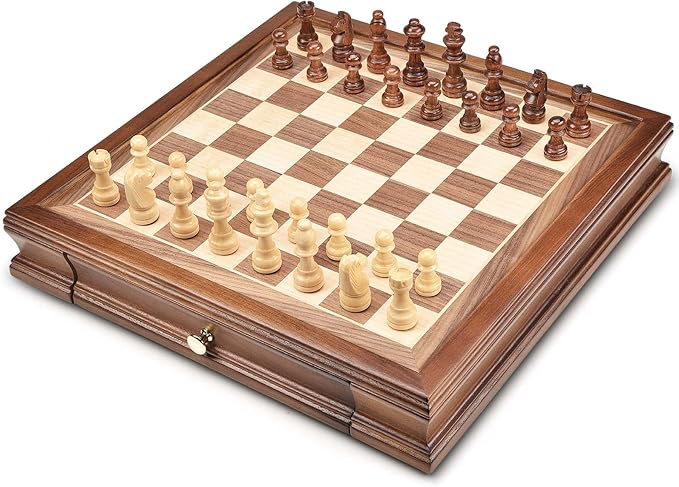 AMEROUS 12.8" x 12.8" Magnetic Wooden Chess Set with 2 Built-in Storage Drawers - 2 Bonus Extra Queens - Gift Packaging - Staunton Chess Pieces, Board Games Chess Sets for Adults and Kids