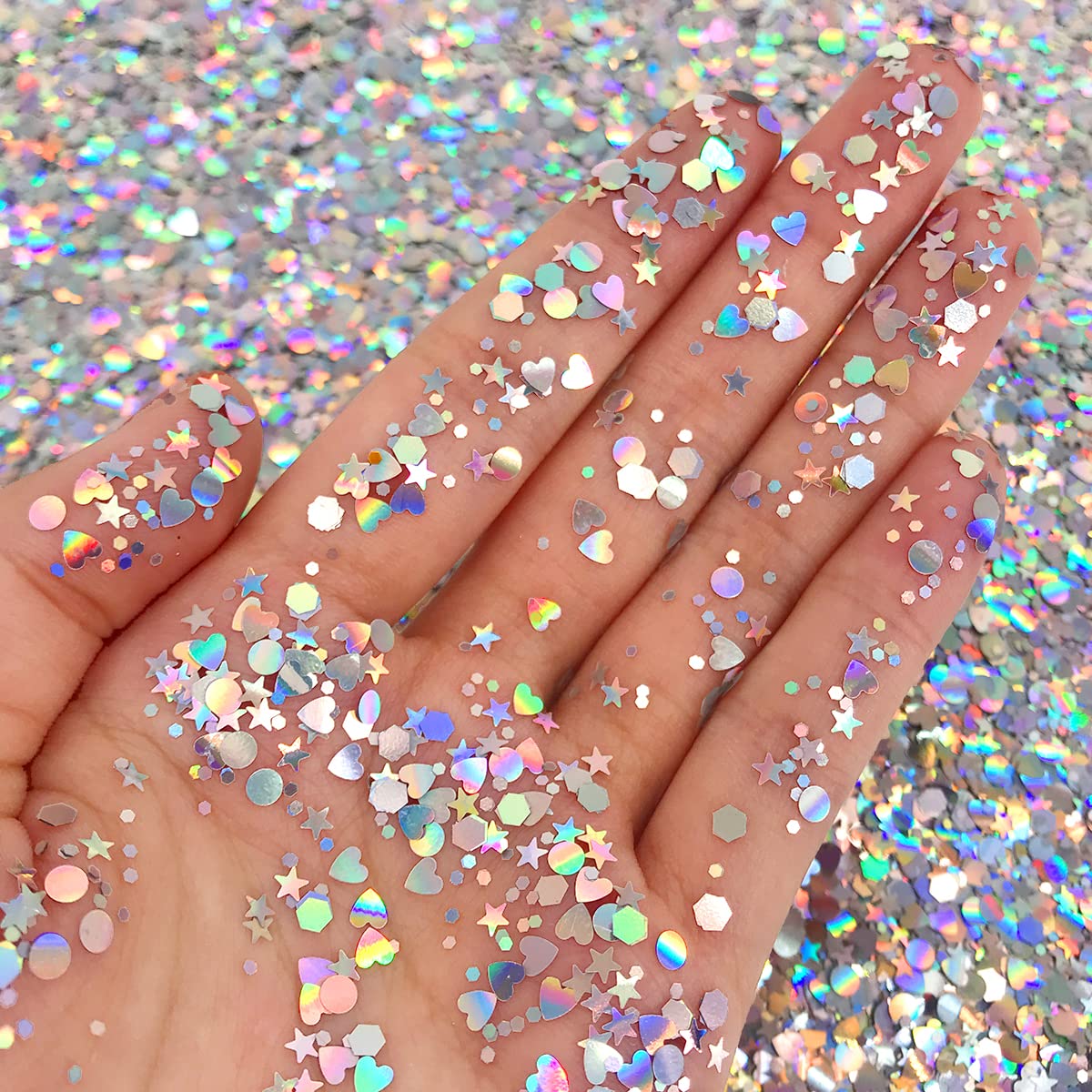 Holographic Silver - Electric Bliss Beauty - Chunky Biodegradable Glitter for Festivals, Crafts, Cosmetics - Eco Friendly Body Glitter for Hair, Nails, Face & More (Holo Silver)
