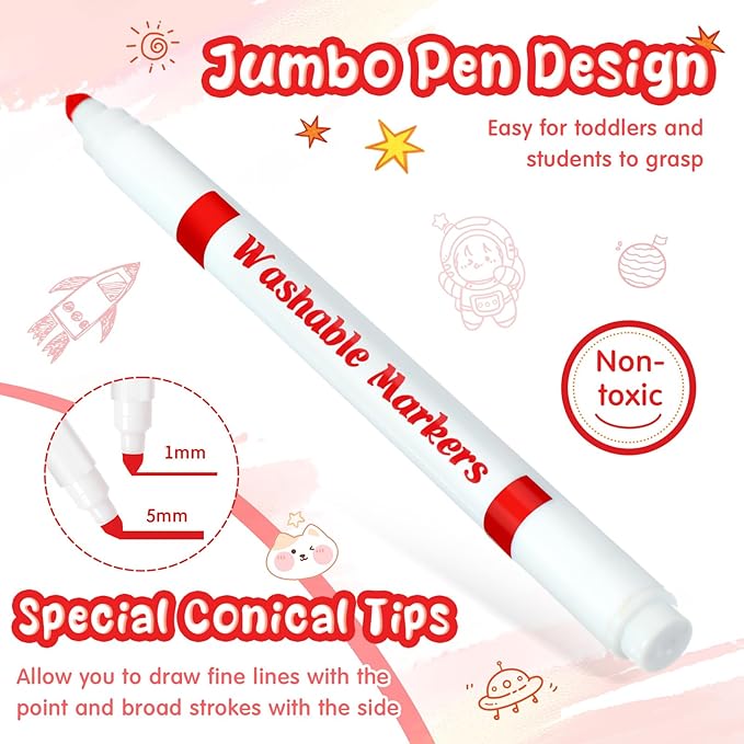 18 Pcs Line Washable Markers Bulk Red Fine Tip Markers Set Coloring Thin Tip Drawing Washable Pen for Kids Art School Classroom Back to School Gender Reveal Party Supplies, Ages 6+
