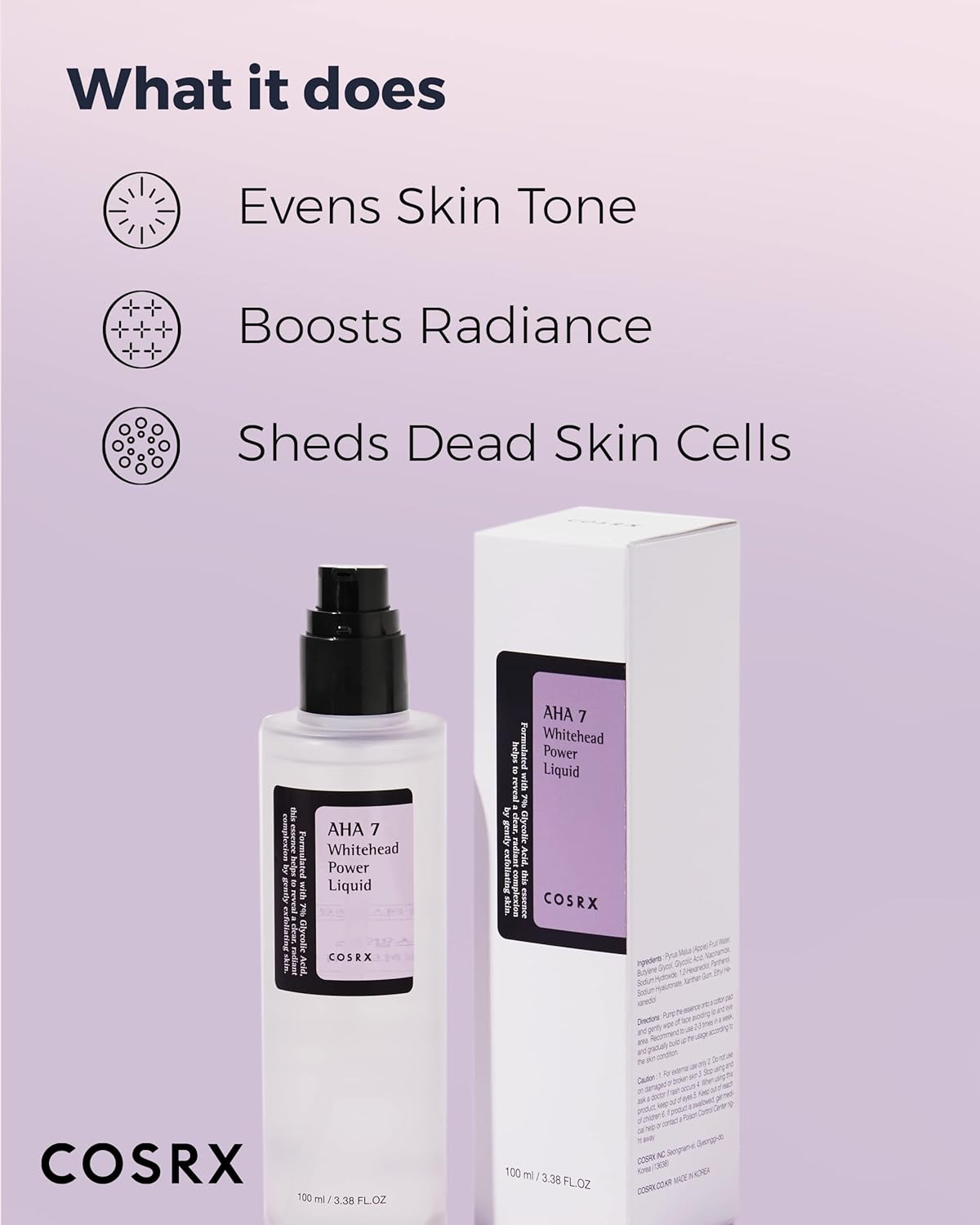 COSRX 7% Glycolic Acid Whitehead Removing Power Liquid, 3.38 fl.oz, AHA Exfoliant, Exfoliating Toner for Face & Body, Pore Minimizer, Korean Skin Care