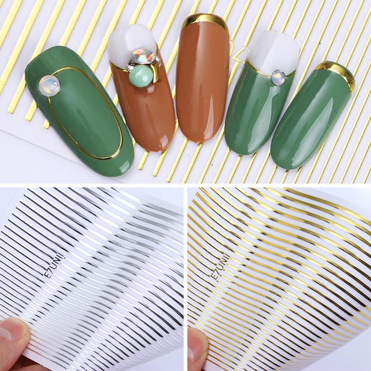 Gold Silver Lines Stripe Nail Art Sticker Decals 3D Metal Strip French Design Nail Decals Self-Adhesive Nail Art Supplies Colored Geometric Waved Manicure Slider for Women DIY Nail Art Decoration Kits