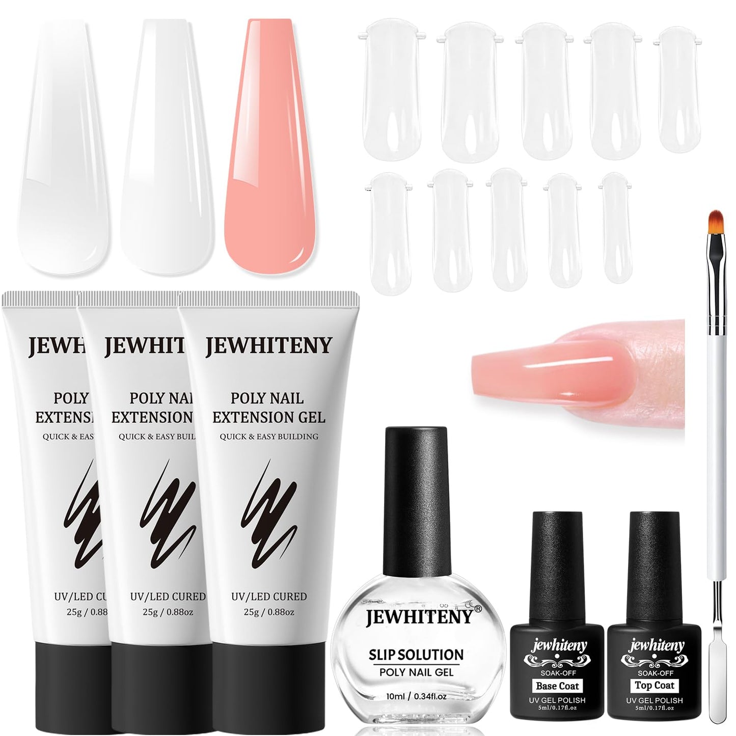 JEWHITENY Poly Nail Gel Set Clear Pink White Poly Extension Gel With Base Coat Top Coat Slip Solution French Manicure Need U V Lamp Curing for Finger Art and Home DIY