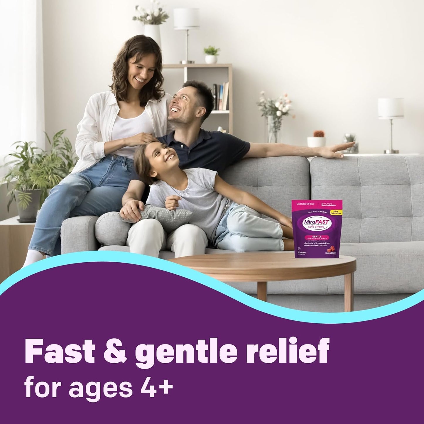 MiraFAST Soft Chews, from The Makers of MiraLAX, Gentle Constipation Relief, Fast Acting Laxative, Stimulant Free Saline Laxative, Magnesium Hydroxide, Blueberry & Raspberry Flavor, 60ct