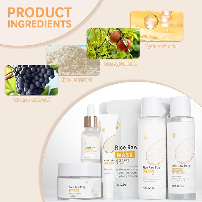 Rice Deep Nourishing Facial Care Set, 6Pcs Face Care Set for Women, Skin Care Set Includes Facial Cleanser, Toner, Lotion, Essence, Cream and Eye Cream.
