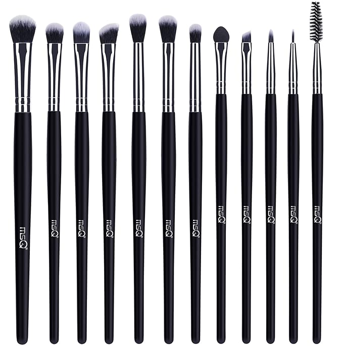 MSQ Eye Makeup Brushes 12pcs Eyeshadow Makeup Brushes Set with Soft Synthetic Hairs & Real Longer Wood Handle for Eyeshadow, Eyelash,Eyebrow, Eyeliner, Blending, Conclear(Black)