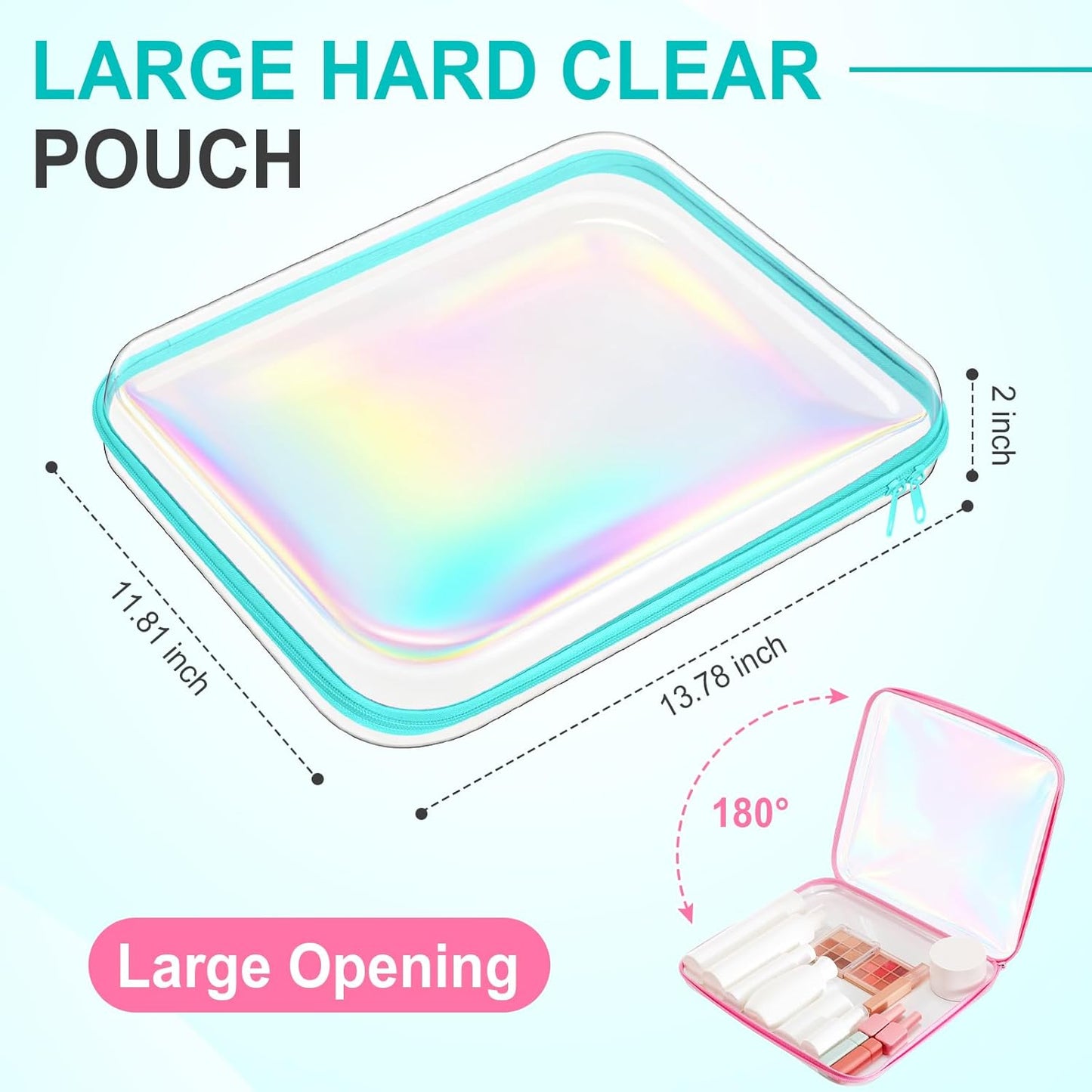 Sanwuta 6 Pcs Clear Hard Zipper Case Pencil Pouches Hard Plastic Zipper Pouches Makeup Bag Transparent Cases for Snacks Plastic Storage Organizer Box for Travel(Holographic,13.78 x 11.81 x 2 Inch)