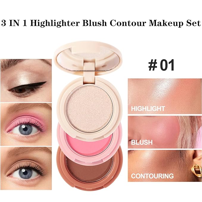 3-in-1 Blendable Trio, Contour and Highlight Blush Makeup Palette, Cream Bronzer, Silky Smooth Powder Blush, Shimmer Highlighter Makeup Powder, Pink Brown Eyeshadow Palette with Mirror(01)