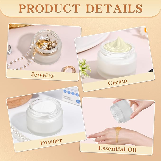 Glass Jars with Lids,Eco-Friendly Cosmetic Containers with Airtight Black Lids & Liners, Multi-Color Options for Cream, Lotion, Body Butter, DIY Skincare Travel Jars (Clear Frosted, 1oz)