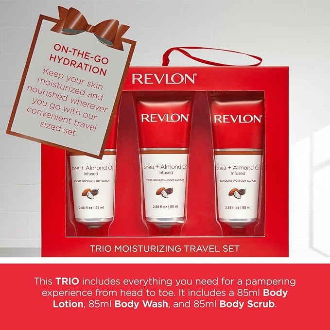 REVLON Get Carried Away Trio Moisturizing Travel Set, Shea Butter and Almond Oil Infused, Moisturizing Body Wash, Body Lotion, Exfoliating Body Scrub, 3 Count (2.88 fl oz)