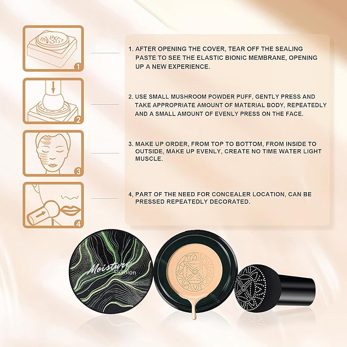 Mushroom Head Air Cushion CC Cream - Oil Control & Moisturizing Concealer Makeup Base, Brighten Long - Lasting Even Color Correcting Concealer Full Coverage for All Skin Types (Buff Beige)