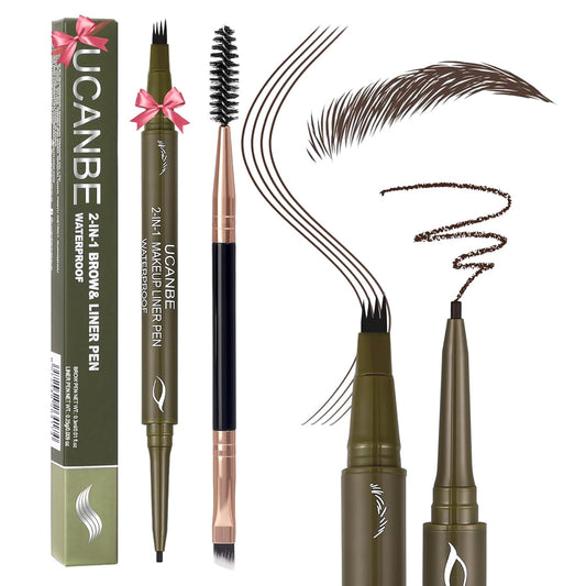 UCANBE Eyebrow Pencils for Women with Spoolie Brush, Dual-Ended Eyebrow Pen with 4-Fork-Tip & Gel Eyeliner, Microblading Brow Pen with Eyeliner Pencil + Brow Brush for Hair Like Brows, Classic Brown